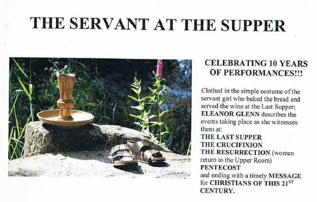 A promotional image for 'The Servant at the Supper' featuring a wooden chalice, a plate, and sandals on a stone surface, along with text celebrating 10 years of performances.